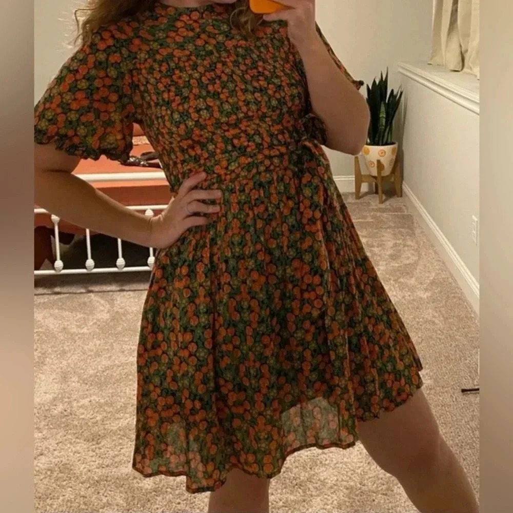 Banjanan Green Red Floral 100% Cotton Smocked Mini Dress XS